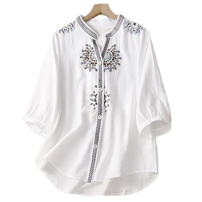 Casual Women's Bohemia Embroidery Flowers V-Neck Design Half Sleeve Cotton Linen Shirt