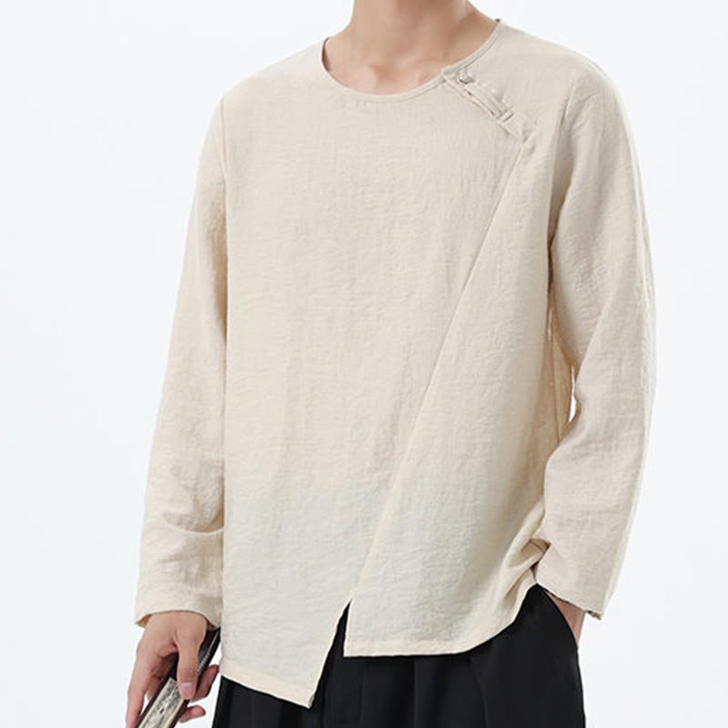 Men's Long Sleeve Round Collar Comfort Cotton Linen Shirt