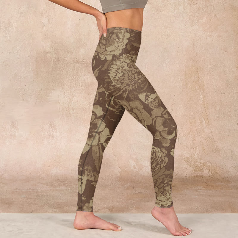 Peony Flowers Leaves Blossom Print Gym Fitness Leggings Women's Yoga Pants