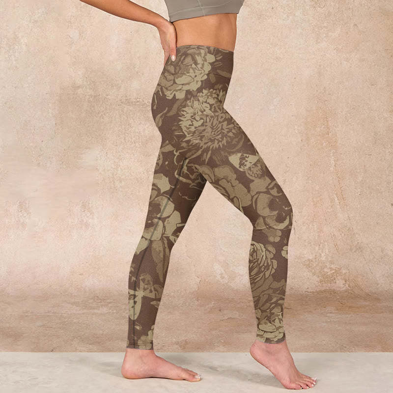 Peony Flowers Leaves Blossom Print Gym Fitness Leggings Women's Yoga Pants