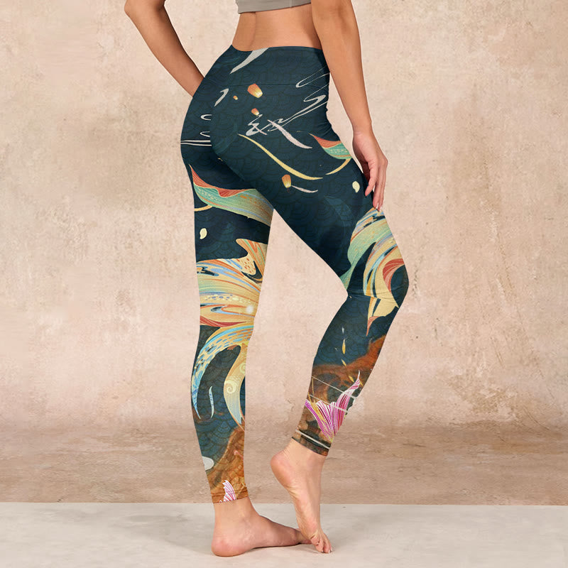 Dark Slate Gray Double Koi Fish Sky Lantern Tower Exercise Leggings Women's Yoga Pants