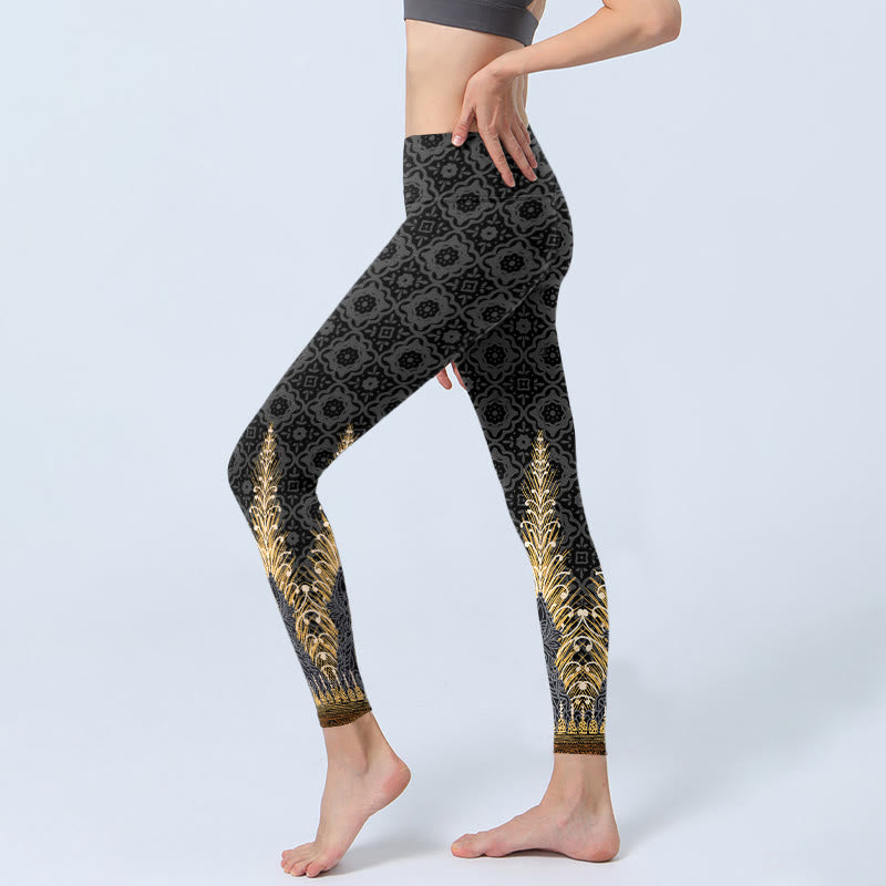 Dark Gray Geometric Gold Feather Print Gym Leggings Women's Yoga Pants
