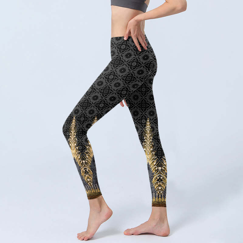 Dark Gray Geometric Gold Feather Print Gym Leggings Women's Yoga Pants