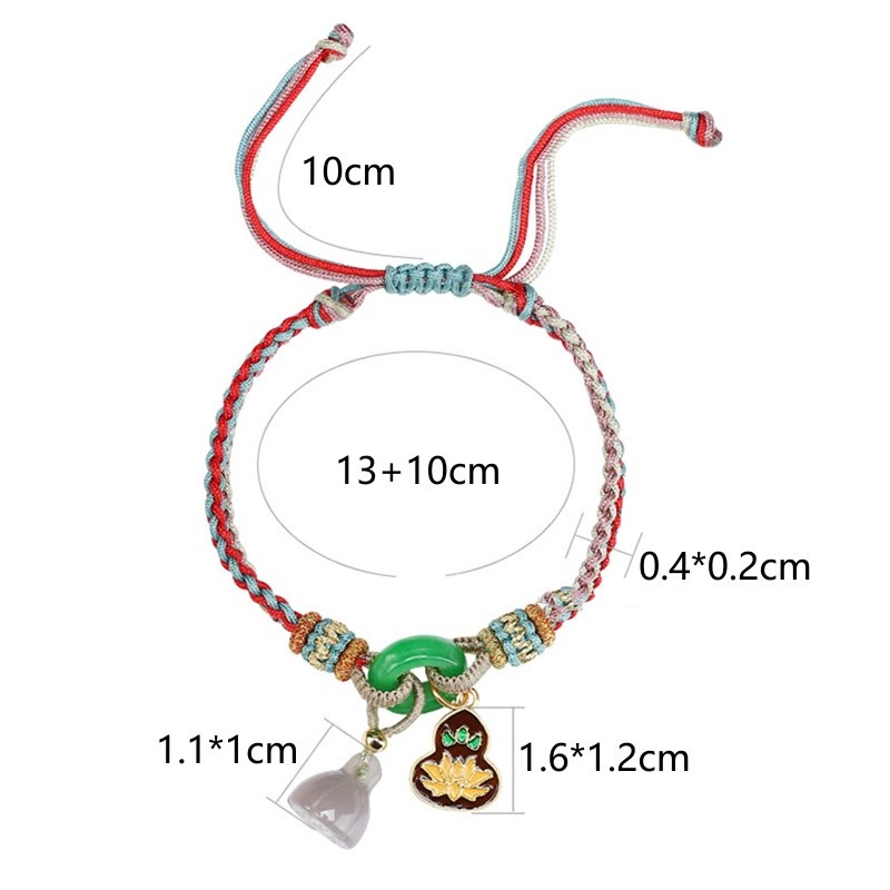 Colorful Rope Chalcedony Lotus Jade Peace Buckle Harmony Gourd Charm Bracelet