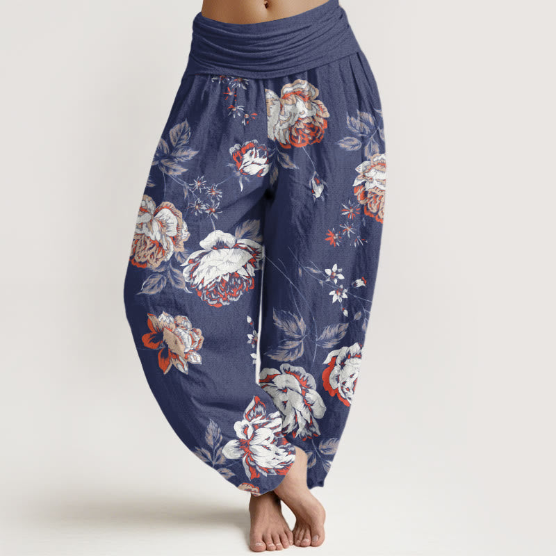 Casual Rose Leaf Pattern Women's Elastic Waist Harem Pants