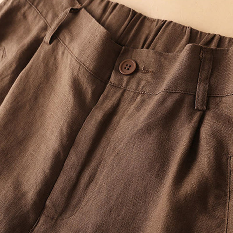 Plain Color Button Zipper Cotton Women's Shorts With Pockets
