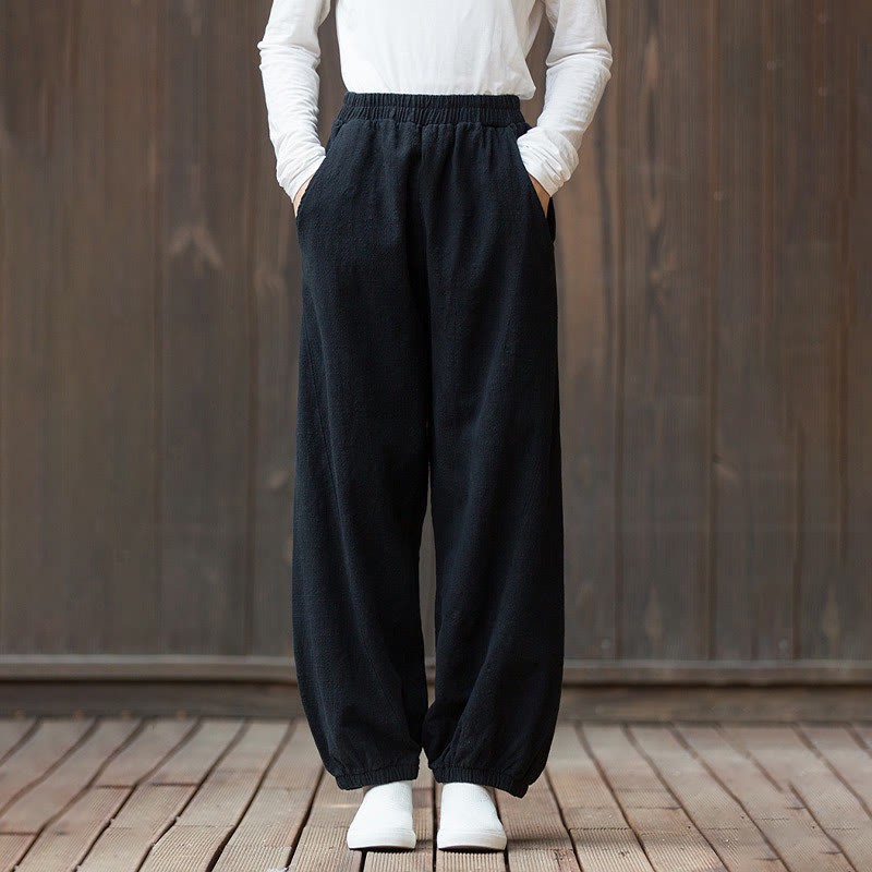 Casual Solid Plain Color Carrot Elastic Waistband Cotton Ramie Women's Pants With Pockets