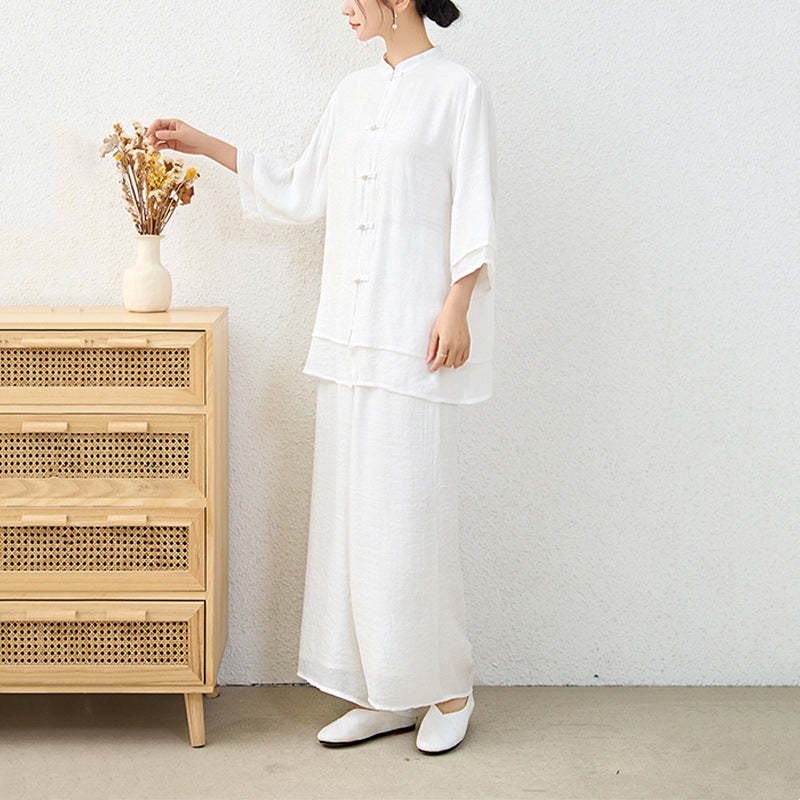 2Pcs Simple Chinese Frog Button Design Top Pants Meditation Yoga Zen Tai Chi Cotton Clothing Women's Set