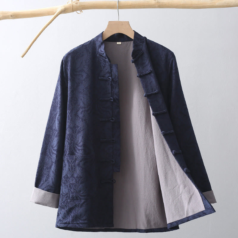 Chinese New Year Jacquard Embroidery Solid Color Cuff Frog-button Tang Suit Cotton Men's Jacket Shirt With Pockets
