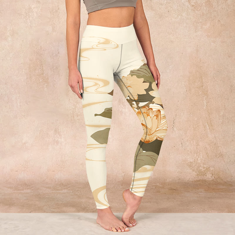 Beige Lotus Flower Print Gym Fitness Leggings Women's Yoga Pants
