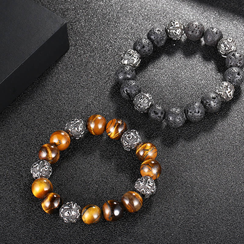Natural Lava Rock Tiger Eye Titanium Steel Six-True-Words Om Mani Padme Hum Healing Bracelet