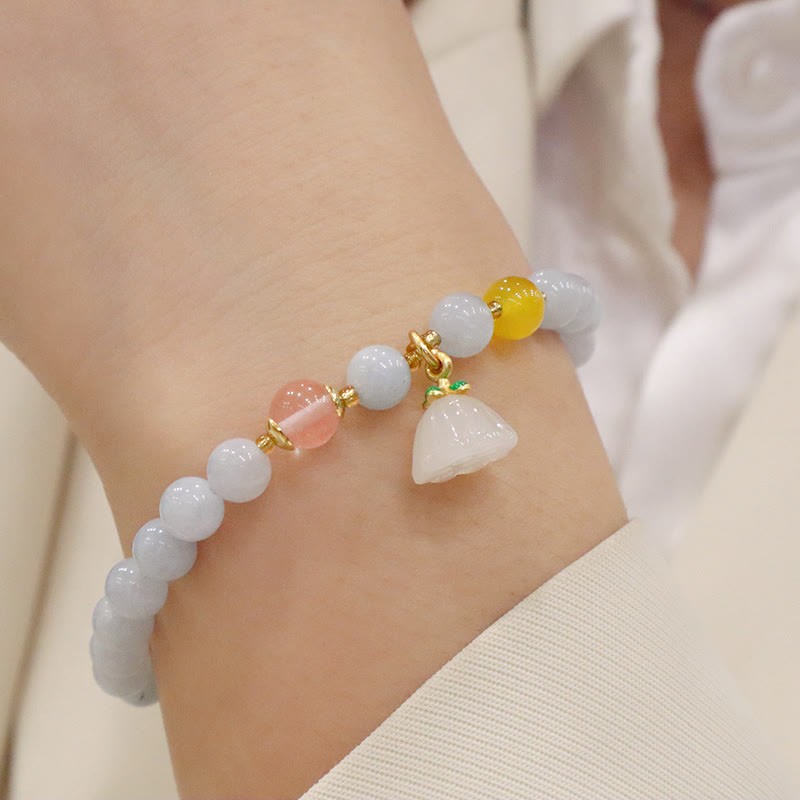 Natural Aquamarine Chalcedony Serenity Rabbit Gourd Cat Charm Bracelet
