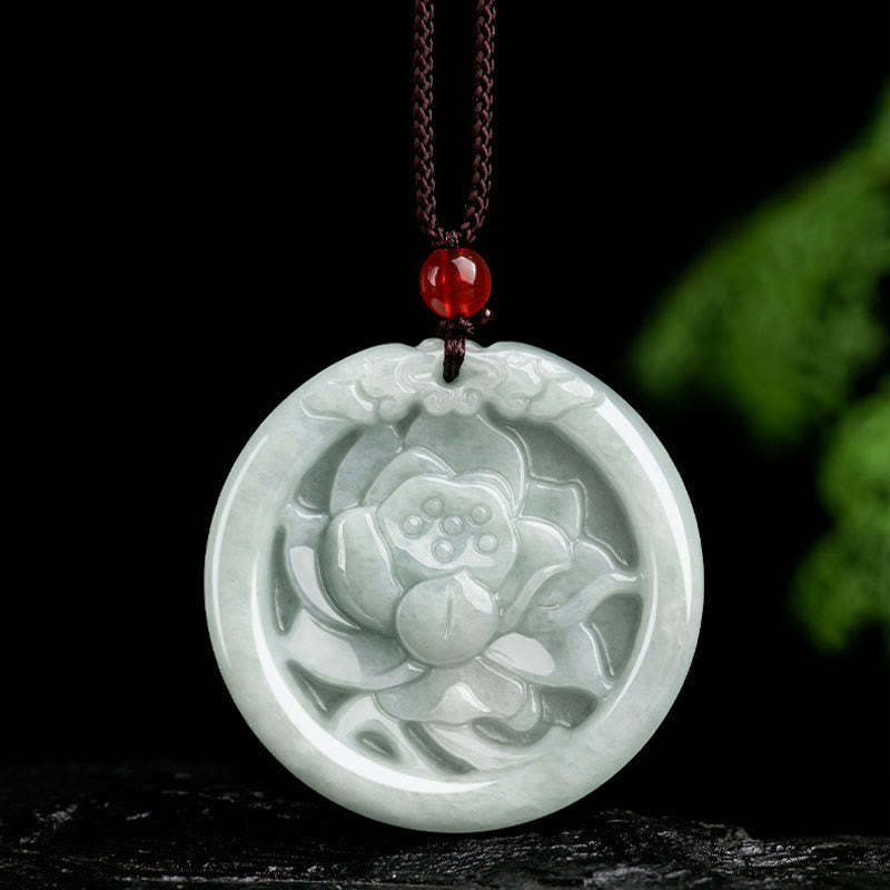 Natural Jade Lotus Flower Carved Prosperity Necklace Pendant