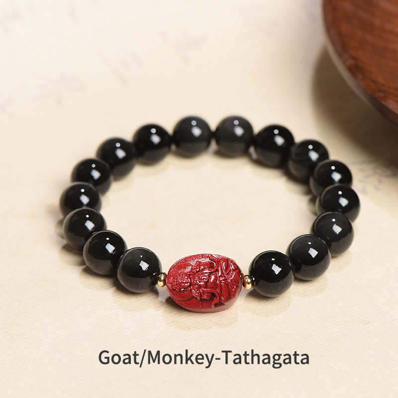 Chinese Zodiac Natal mystic zen Natural Black Obsidian Cinnabar Purification Bracelet