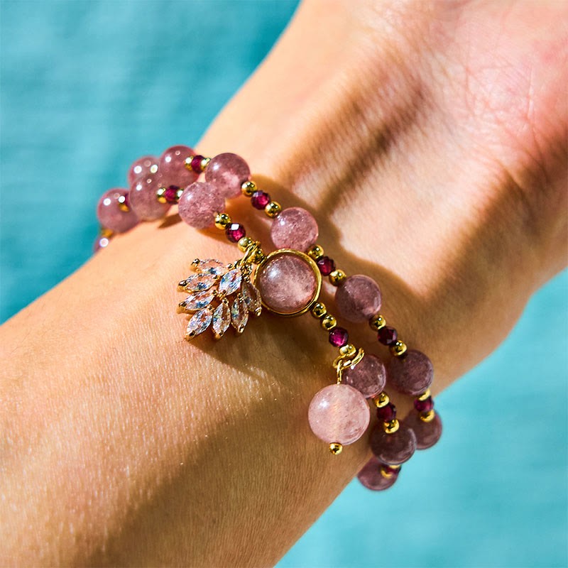 Natural Strawberry Quartz Love Healing Maple Leaf Charm Double Wrap Bracelet