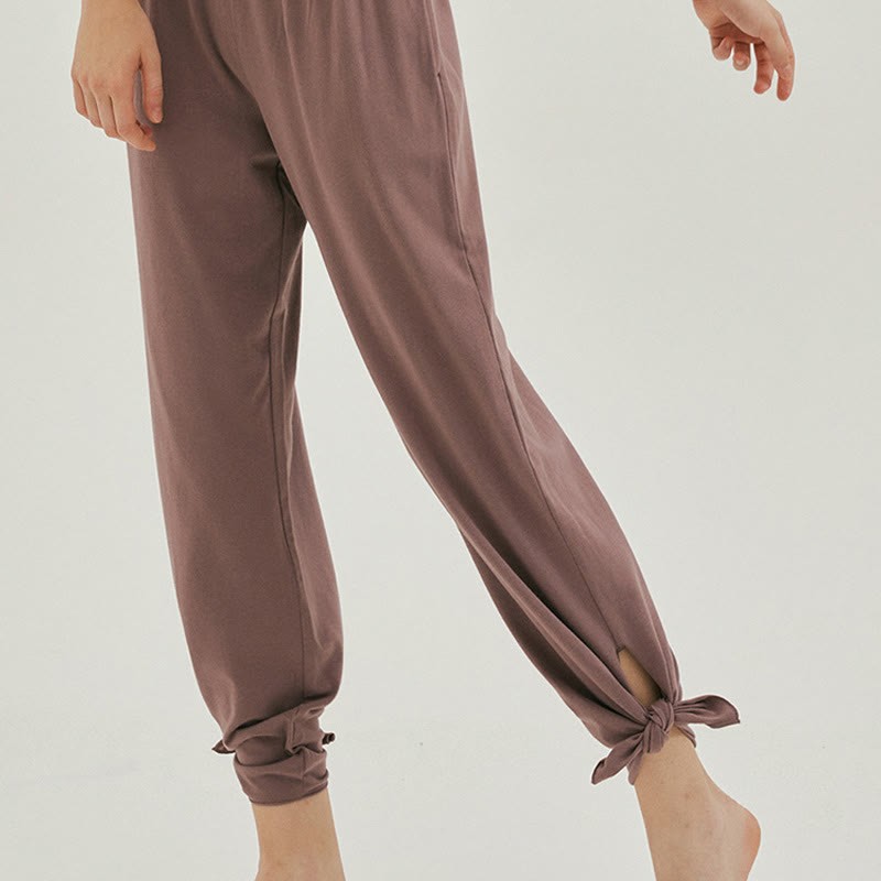 Casual Loose Tie-down Hem Plain High Waist Women's Leica Pants With Pockets