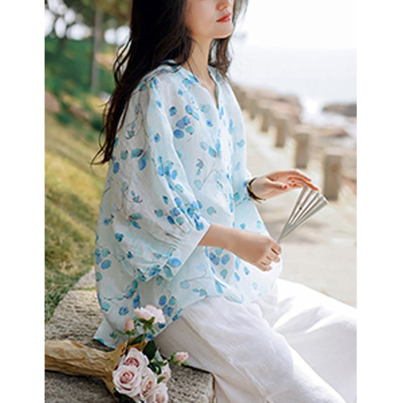 Fruits Leaves Pattern Lantern Sleeve Top Loose Tee T-shirt