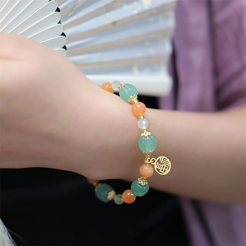 Natural Golden Silk Jade Pumpkin Bead Fu Character Charm Wealth Bracelet