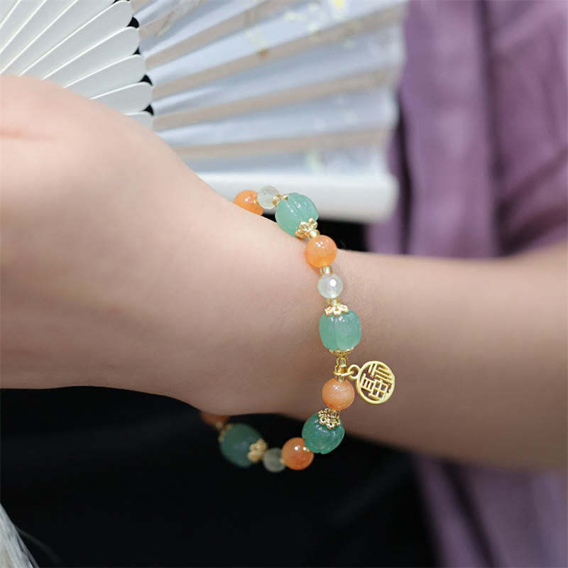 Natural Golden Silk Jade Pumpkin Bead Fu Character Charm Wealth Bracelet