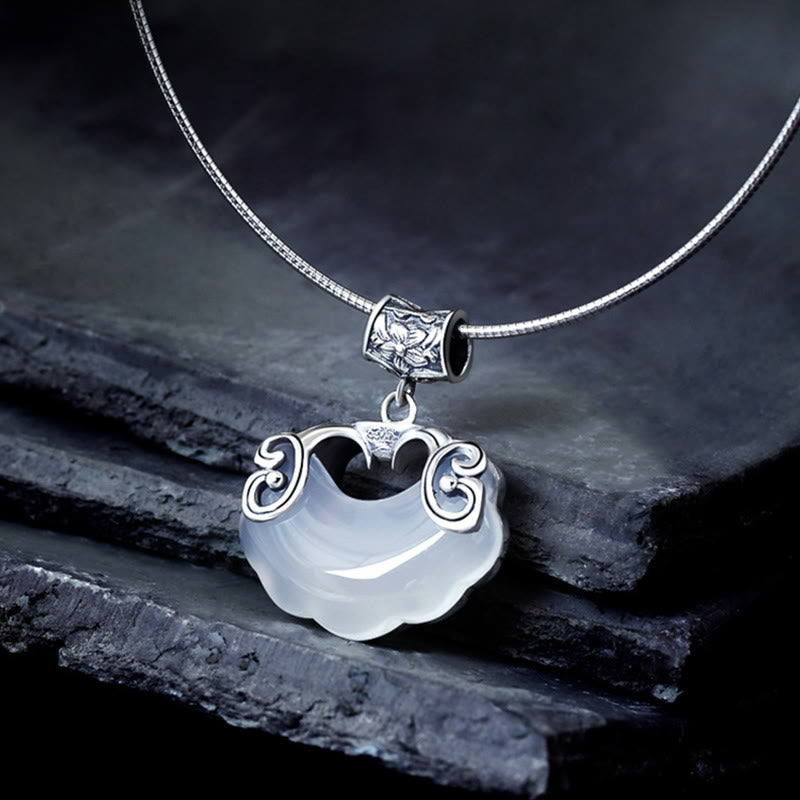 925 Sterling Silver Natural Chalcedony Lock of Good Wishes Koi Fish Luck Necklace Pendant