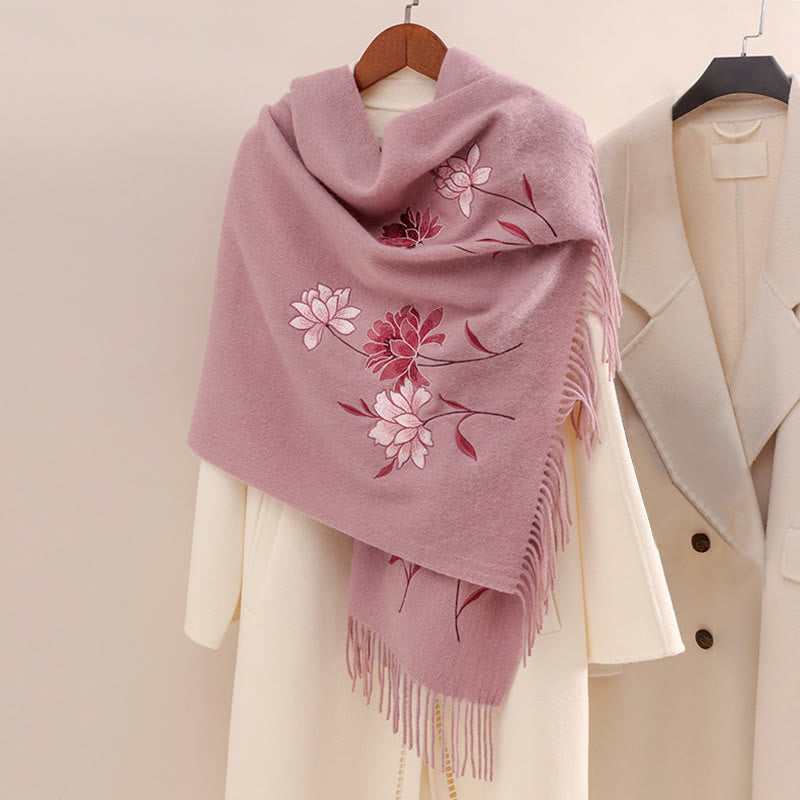 Wool Shawl Pink Lotus Embroidery Tassel Winter Cozy Travel Scarf Wrap