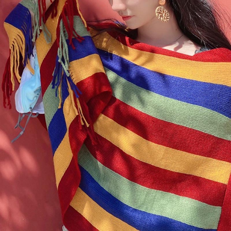 Tibetan Colorful Striped Design Shawl Tassels Pullover Winter Cozy Travel Scarf Wrap