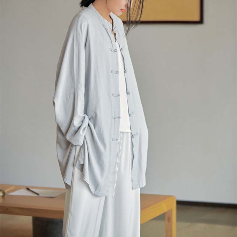 Plain Frog-Button Design Shirt Zen Tai Chi Meditation Top Clothing Cotton Linen Jacket