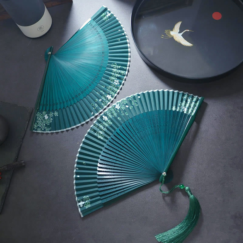 Flower Plain Handheld Polyester Tassel Bamboo Folding Fan 21cm