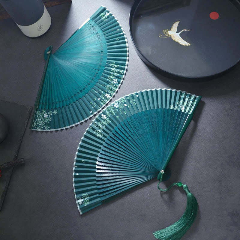 Flower Plain Handheld Polyester Tassel Bamboo Folding Fan 21cm