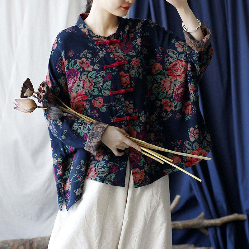 Red Flowers Green Leaves Print Frog-button Design Long Sleeve Cotton Linen Jacket Shirt