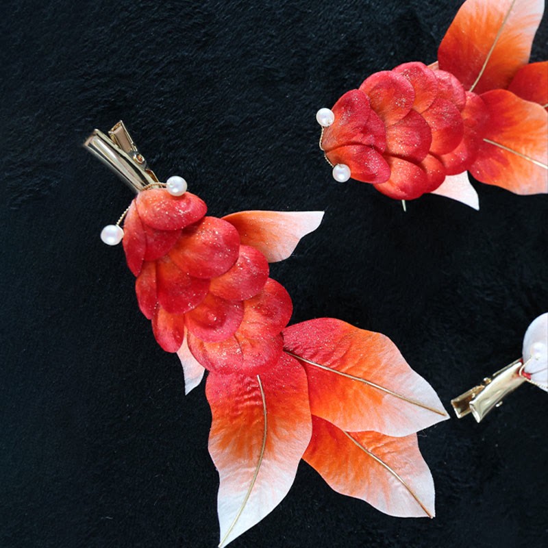 Handmade Yangzhou Velvet Flower Mulberry Silk Red Koi Fish Leaves Brooch Hair Clip