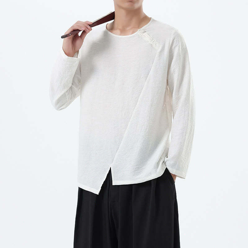 Men's Long Sleeve Round Collar Comfort Cotton Linen Shirt