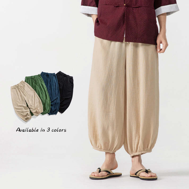 Soft Solid Color Drawstring Cotton Men's Pants With Pockets