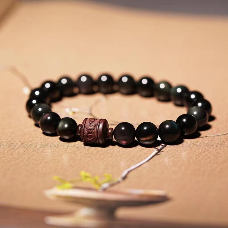Natural Gold Sheen Obsidian Rainbow Obsidian Om Mani Padme Hum Fu Character Healing Bracelet