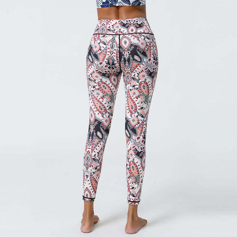 Flowers Feathers Sun Moon Print Sports Fitness Yoga High Waist Leggings Women's Pants