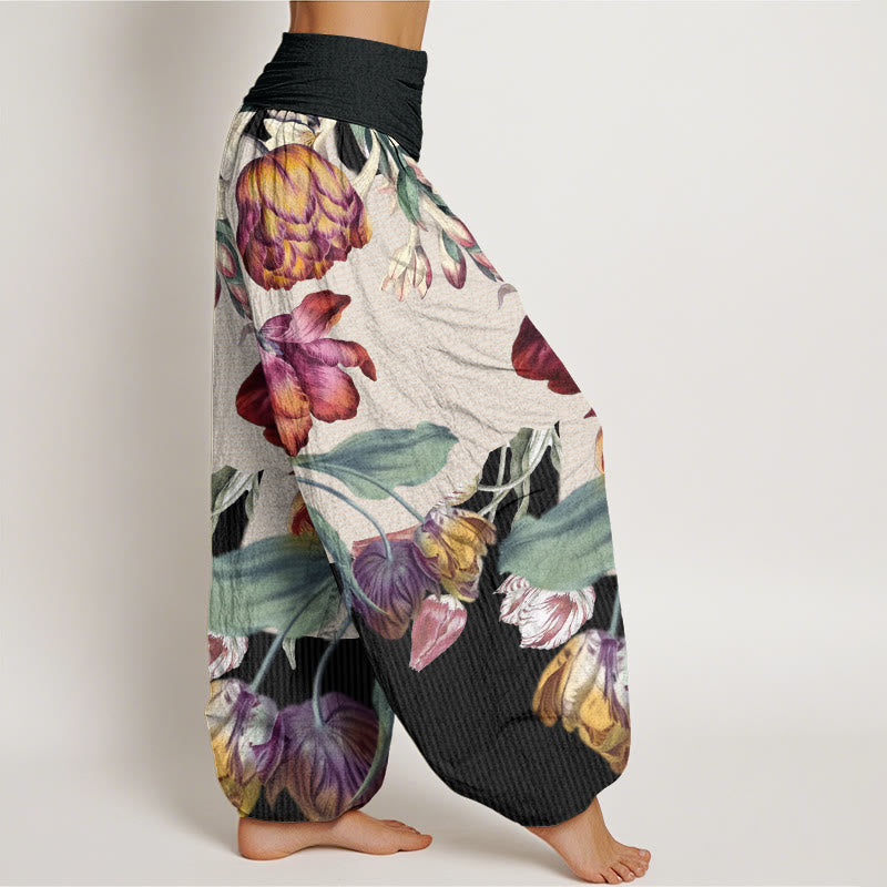 Tulips Green Leaves Design Women's Elastic Waist Harem Pants