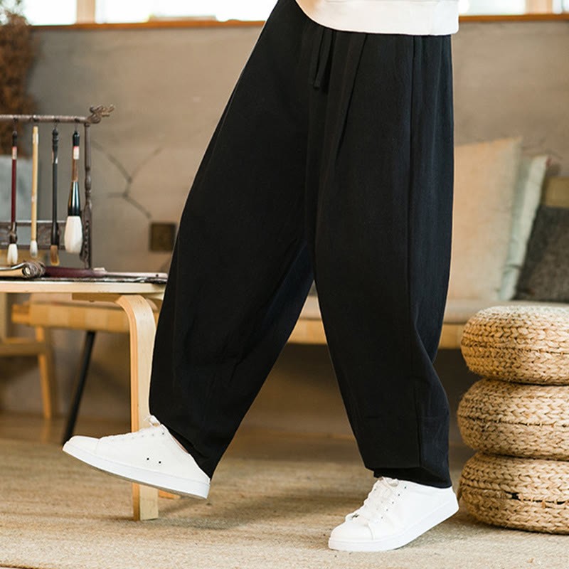 Solid Color Cotton Linen Drawstring Men's Harem Pants With Pockets