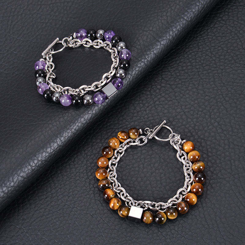 Colorful Tiger Eye Frosted Stone Black Magnetite Titanium Steel Double Wrap Protection Bracelet
