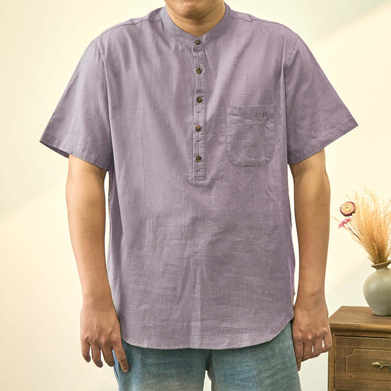 Men's Summer Solid Color Short Sleeve Half Button Cotton Linen Shirt
