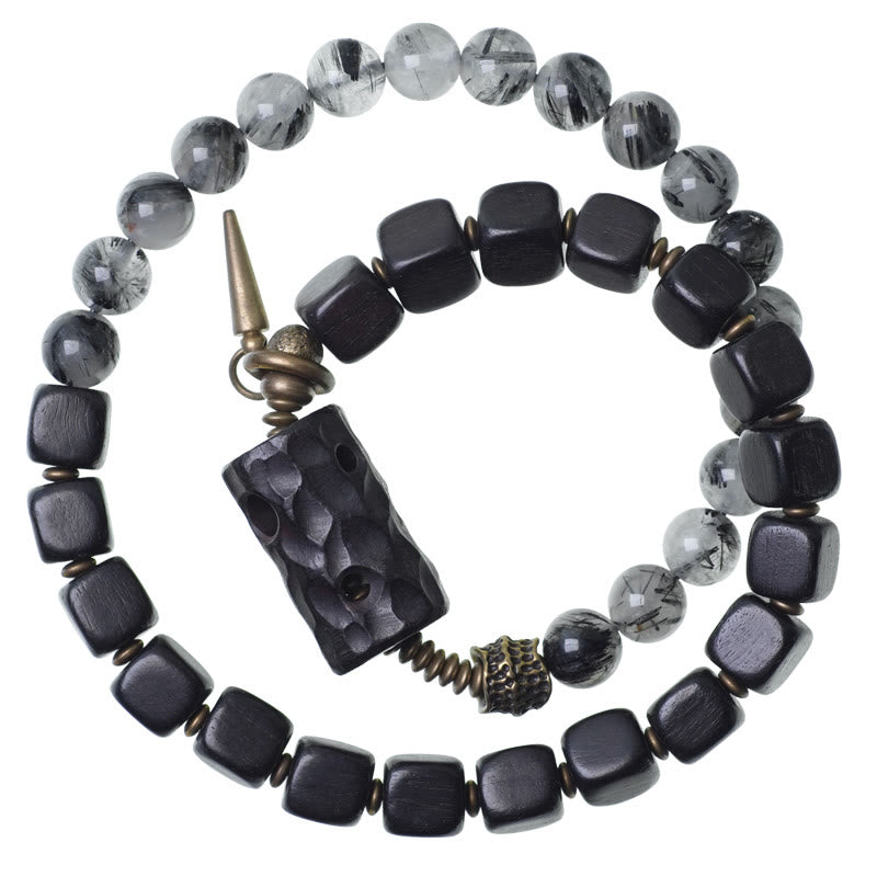 Ebony Wood Black Rutilated Quartz Copper Brass Double Wrap Balance Bracelet