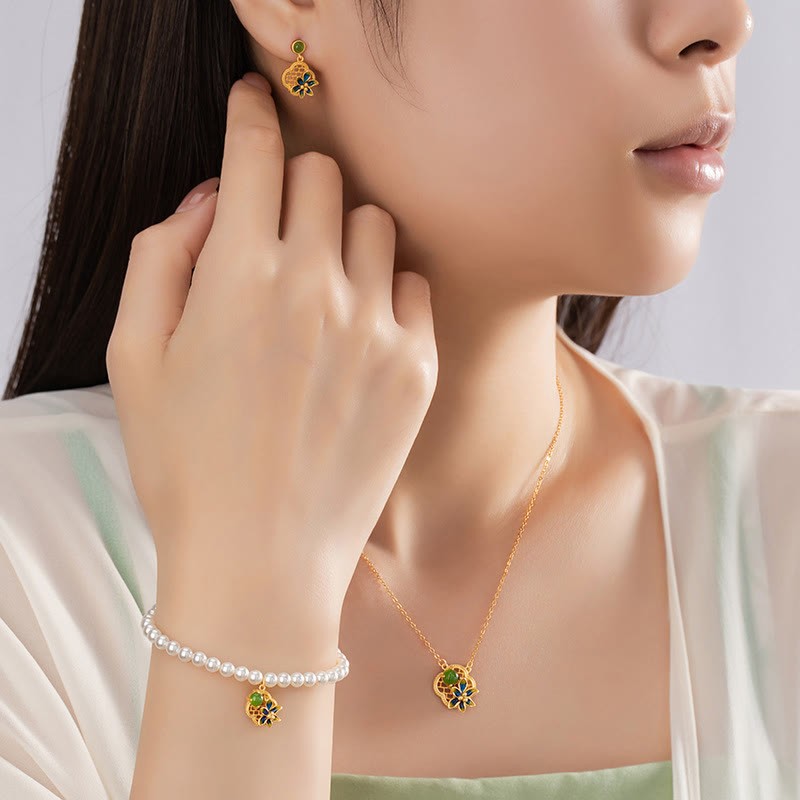925 Sterling Silver Four Leaf Clover Flower Hetian Cyan Jade Pearl Healing Necklace Pendant Bracelet Earrings Set