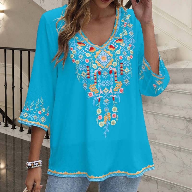 Spring Daily Embroidery Flower Pattern Long Sleeve V-neck Cotton Women's T-Shirt