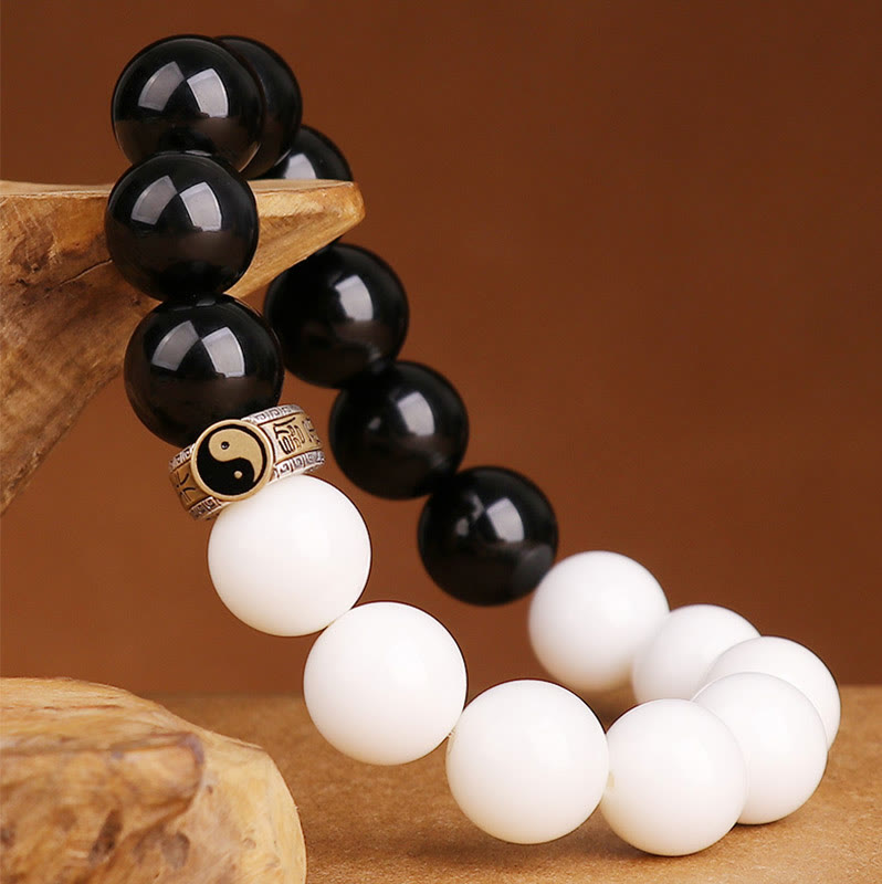 925 Sterling Silver Black Obsidian White Shell Yin Yang Strength Bracelet