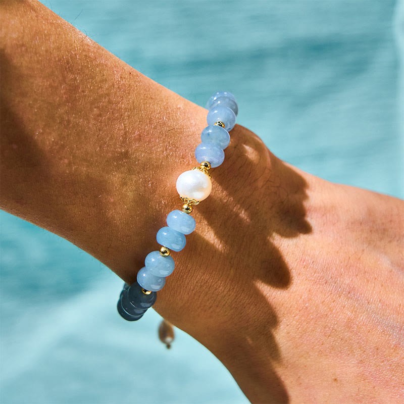 Natural Aquamarine Pearl Shell Healing Bead Bracelet