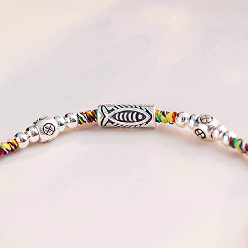 925 Sterling Silver Luck Koi Fish Braided Colorful String Bracelet Anklet