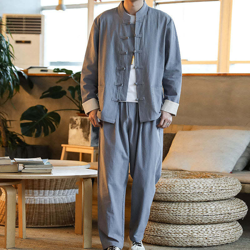 2Pcs Zen Tang Suit Men's Frog-Button Long Sleeve Shirt Pants Set With Pockets