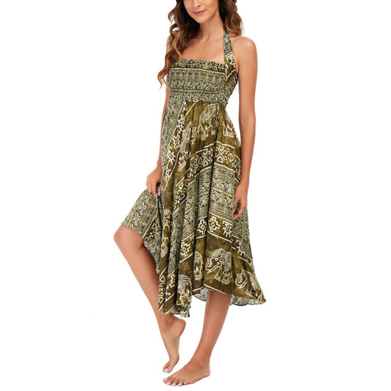 Two Style Wear Boho Elephant Geometry Lace-up Skirt Dress