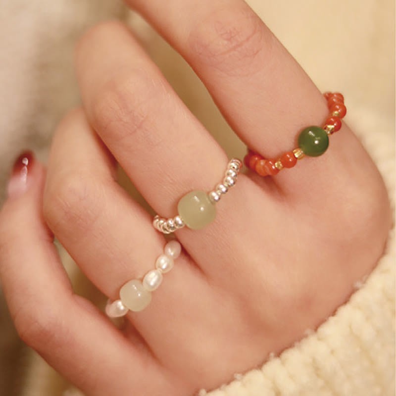 925 Sterling Silver Natural Small Hetian Jade Red Agate Pearl Bead Prosperity Elastic Ring