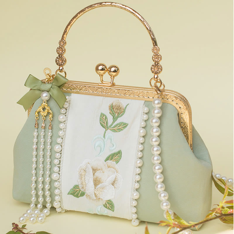 Double-sided Flowers Embroidery Pearl Pendant Metal Chain Crossbody Bag Handbags