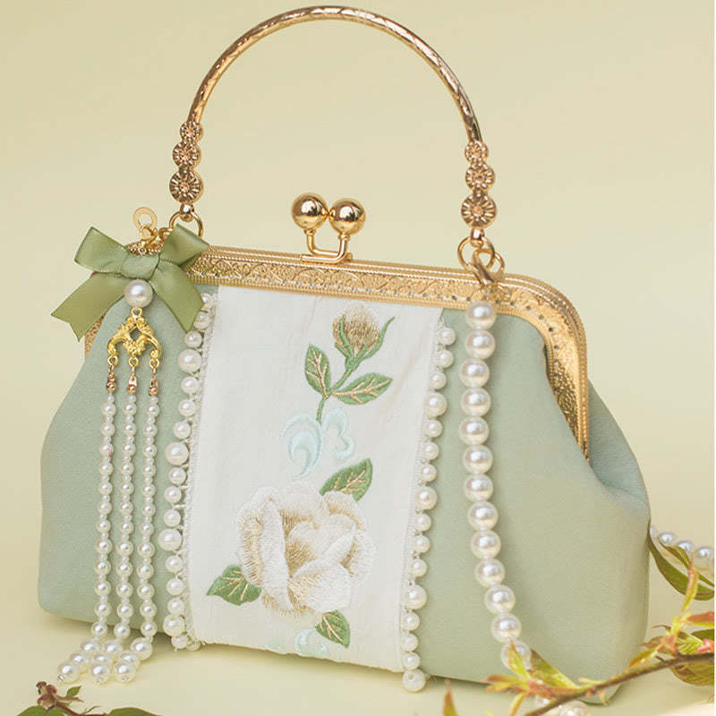 Double-sided Flowers Embroidery Pearl Pendant Metal Chain Crossbody Bag Handbags